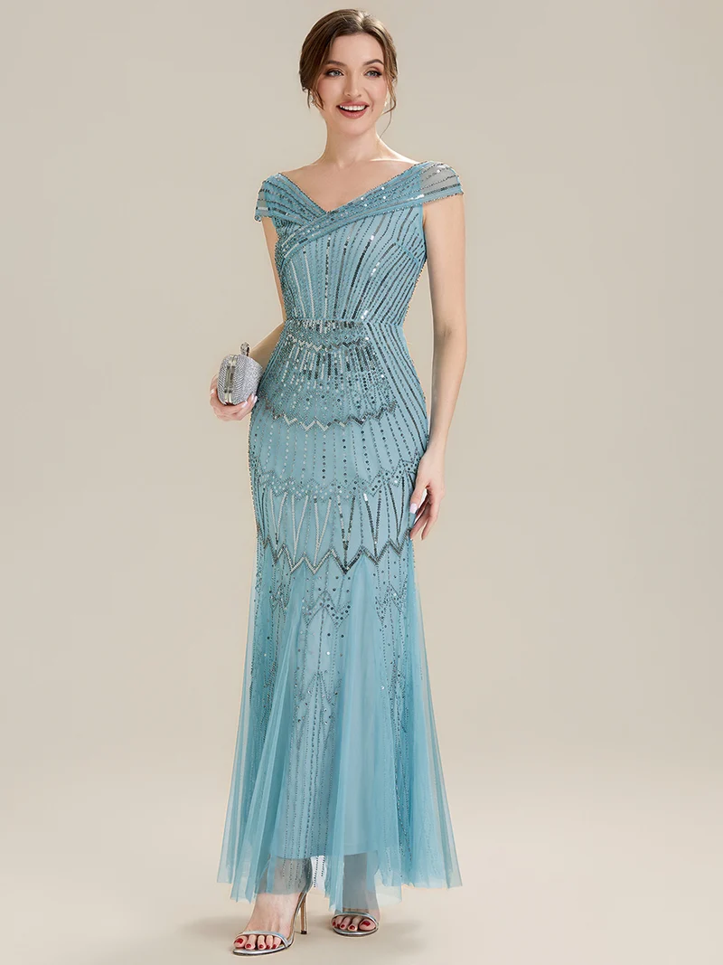 Robe longue sirène élégante à col en V manches courtes et tissu extensible