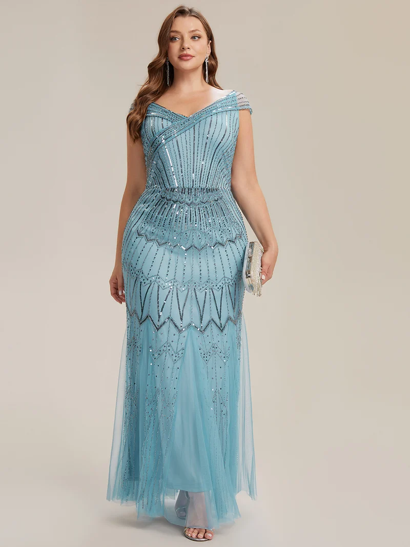 Robe longue sirène élégante à col en V manches courtes et tissu extensible