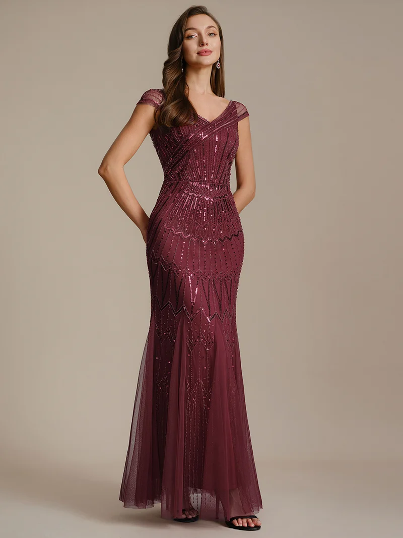 Robe longue sirène élégante à col en V manches courtes et tissu extensible