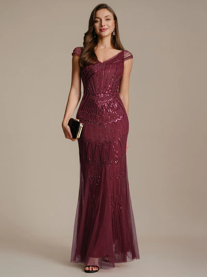 Robe longue sirène élégante à col en V manches courtes et tissu extensible