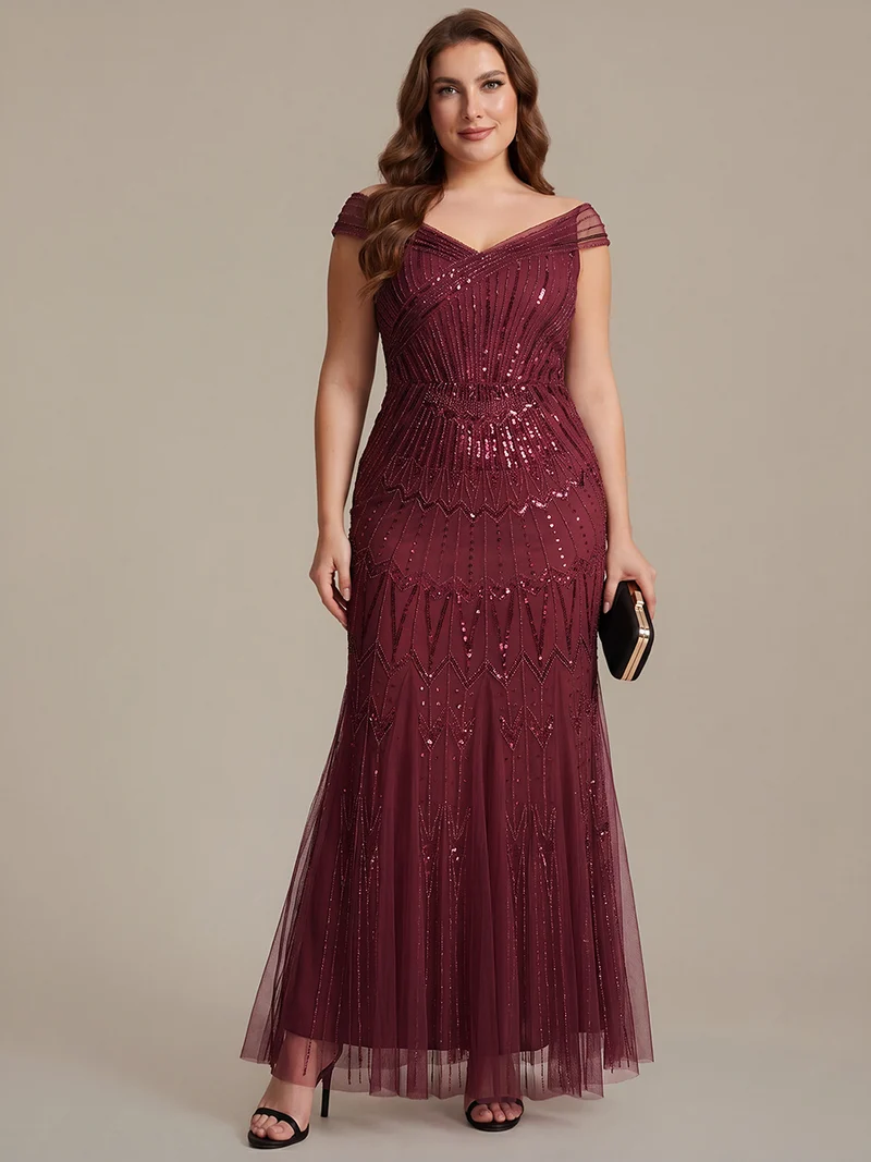 Robe longue sirène élégante à col en V manches courtes et tissu extensible