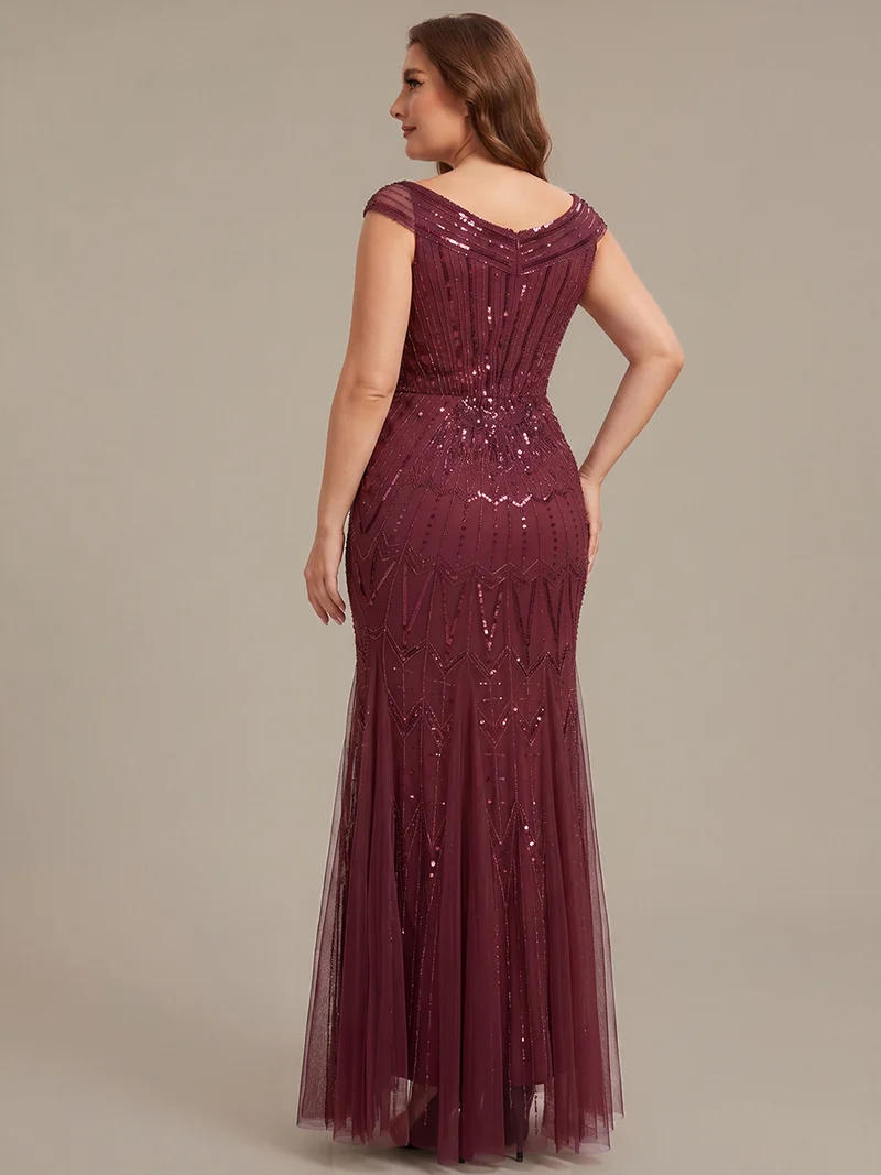 Robe longue sirène élégante à col en V manches courtes et tissu extensible