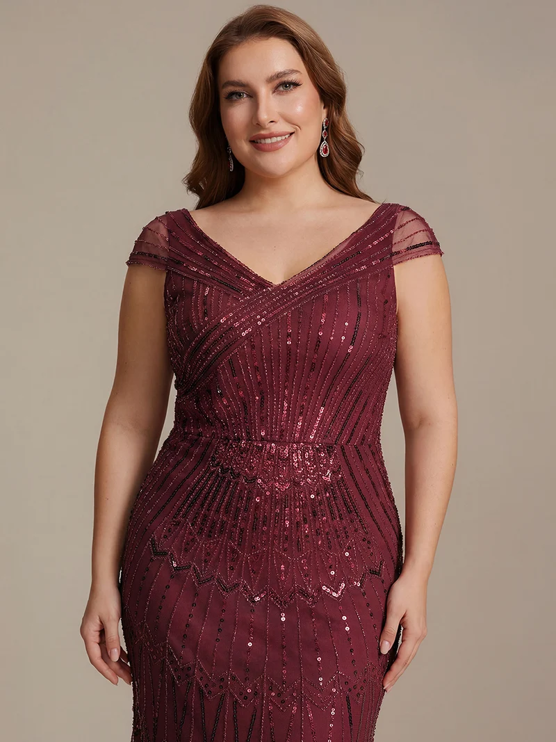 Robe longue sirène élégante à col en V manches courtes et tissu extensible