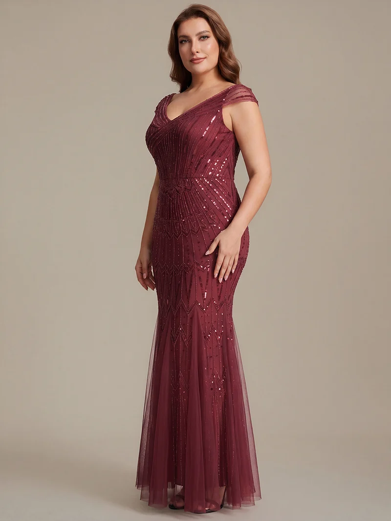 Robe longue sirène élégante à col en V manches courtes et tissu extensible