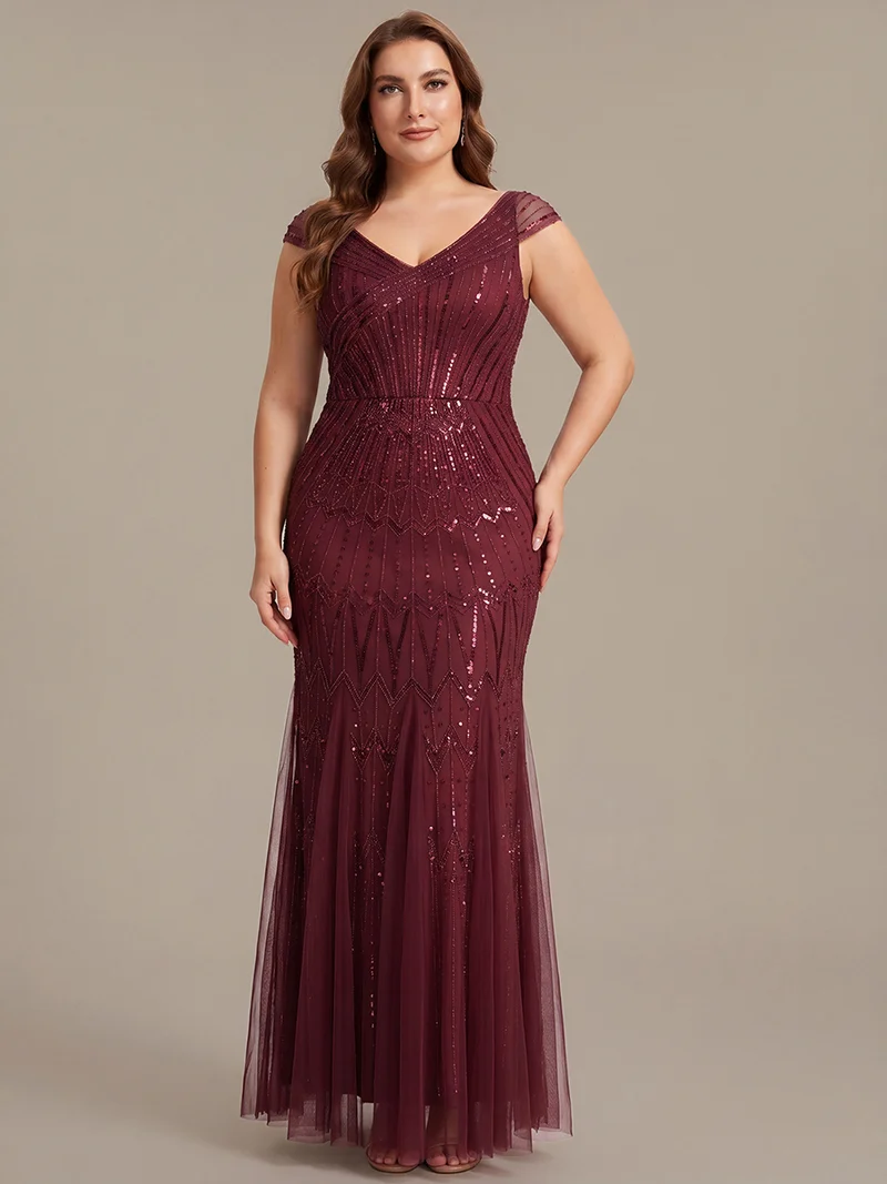 Robe longue sirène élégante à col en V manches courtes et tissu extensible