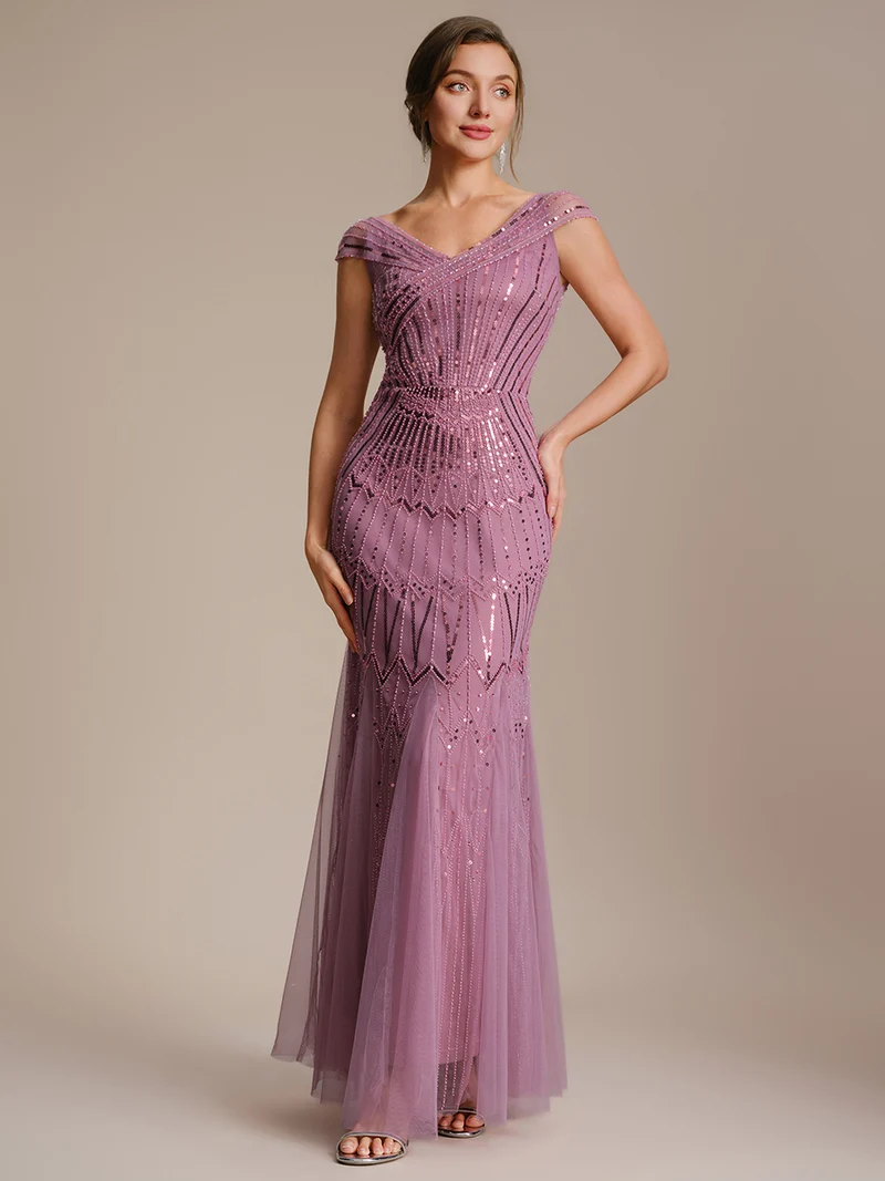 Robe longue sirène élégante à col en V manches courtes et tissu extensible