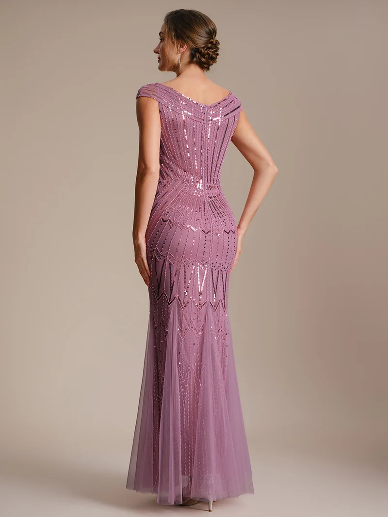 Robe longue sirène élégante à col en V manches courtes et tissu extensible