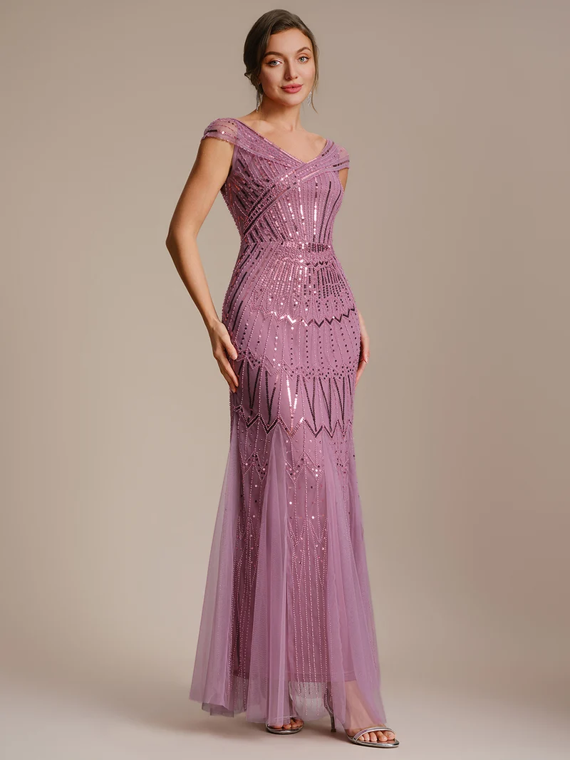 Robe longue sirène élégante à col en V manches courtes et tissu extensible