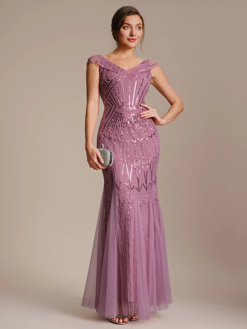 Robe longue sirène élégante à col en V manches courtes et tissu extensible
