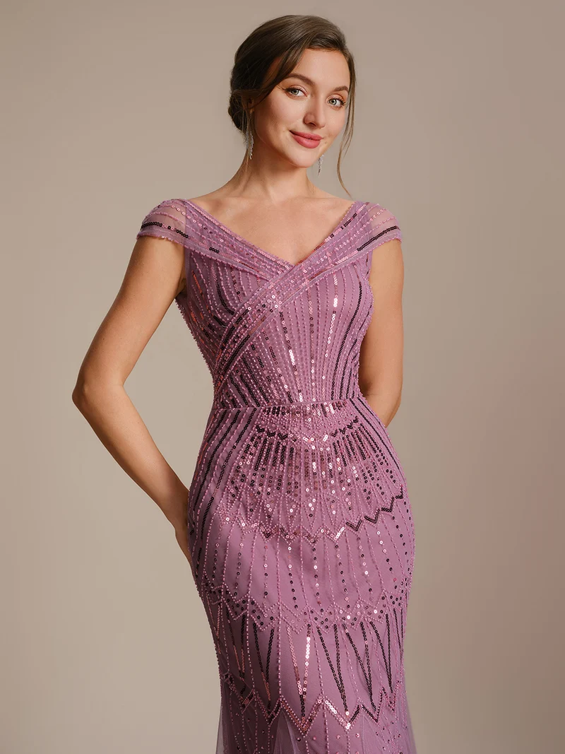 Robe longue sirène élégante à col en V manches courtes et tissu extensible
