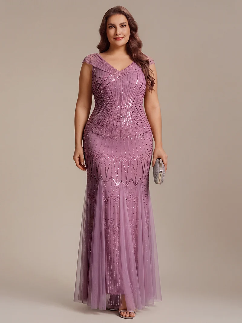 Robe longue sirène élégante à col en V manches courtes et tissu extensible