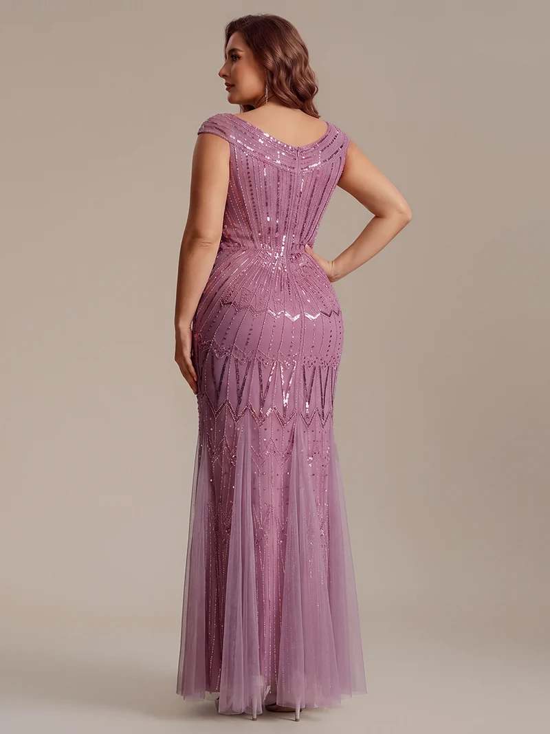 Robe longue sirène élégante à col en V manches courtes et tissu extensible