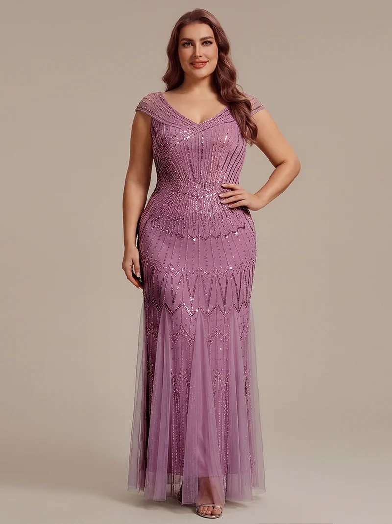 Robe longue sirène élégante à col en V manches courtes et tissu extensible