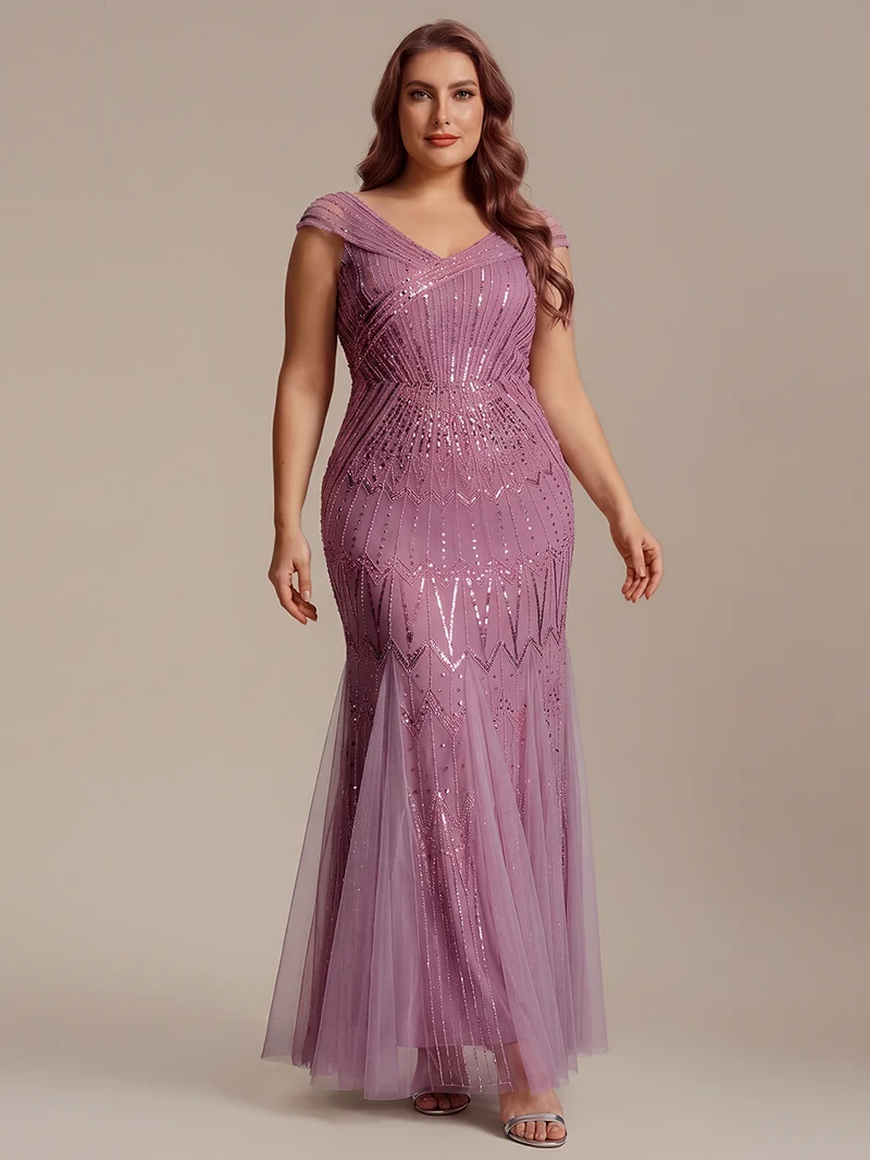 Robe longue sirène élégante à col en V manches courtes et tissu extensible