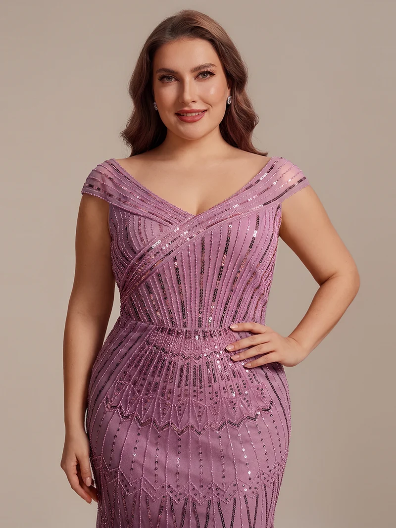 Robe longue sirène élégante à col en V manches courtes et tissu extensible