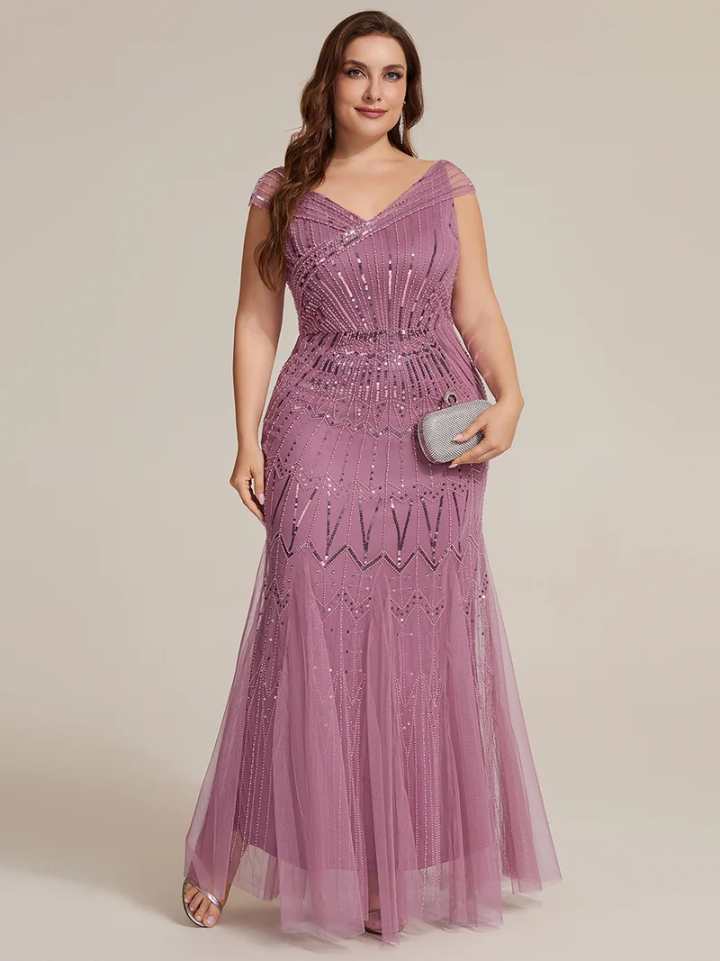 Robe longue sirène élégante à col en V manches courtes et tissu extensible