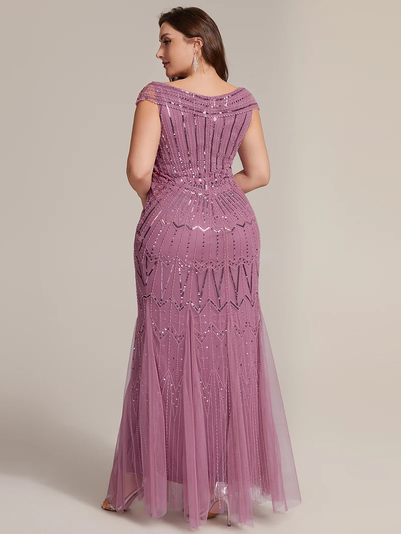 Robe longue sirène élégante à col en V manches courtes et tissu extensible