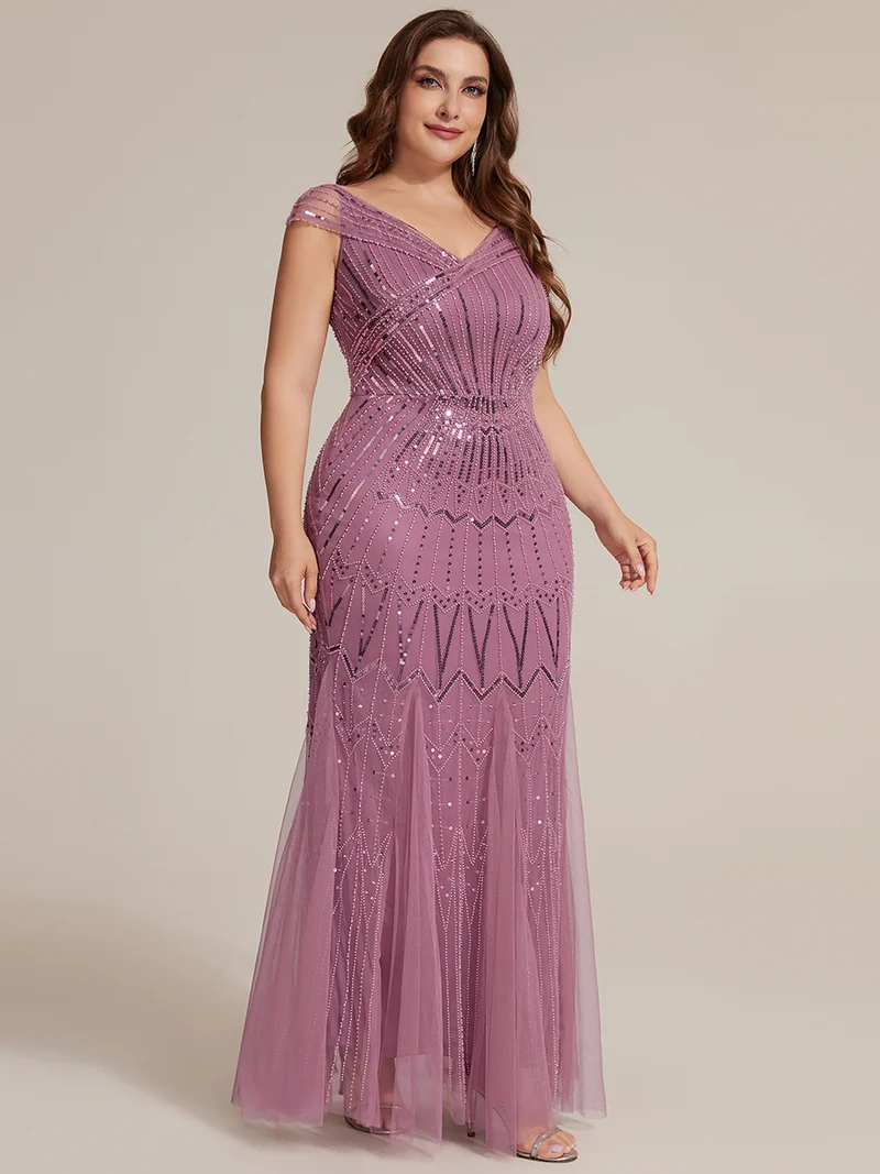 Robe longue sirène élégante à col en V manches courtes et tissu extensible
