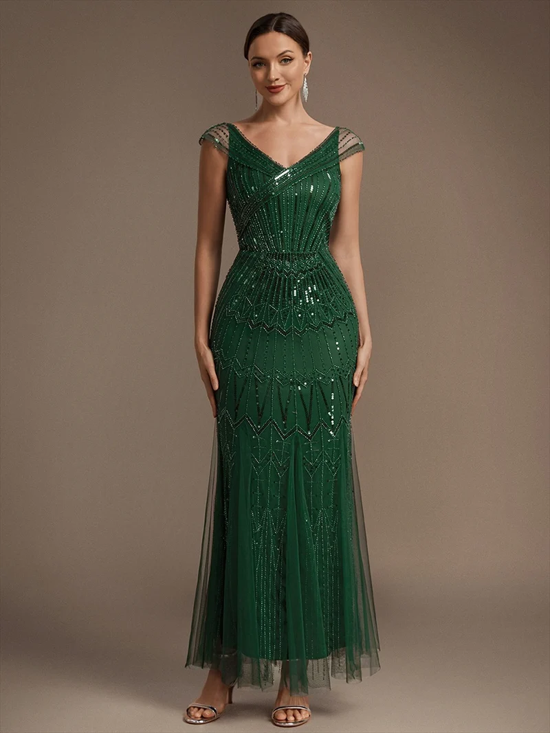 Robe longue sirène élégante à col en V manches courtes et tissu extensible