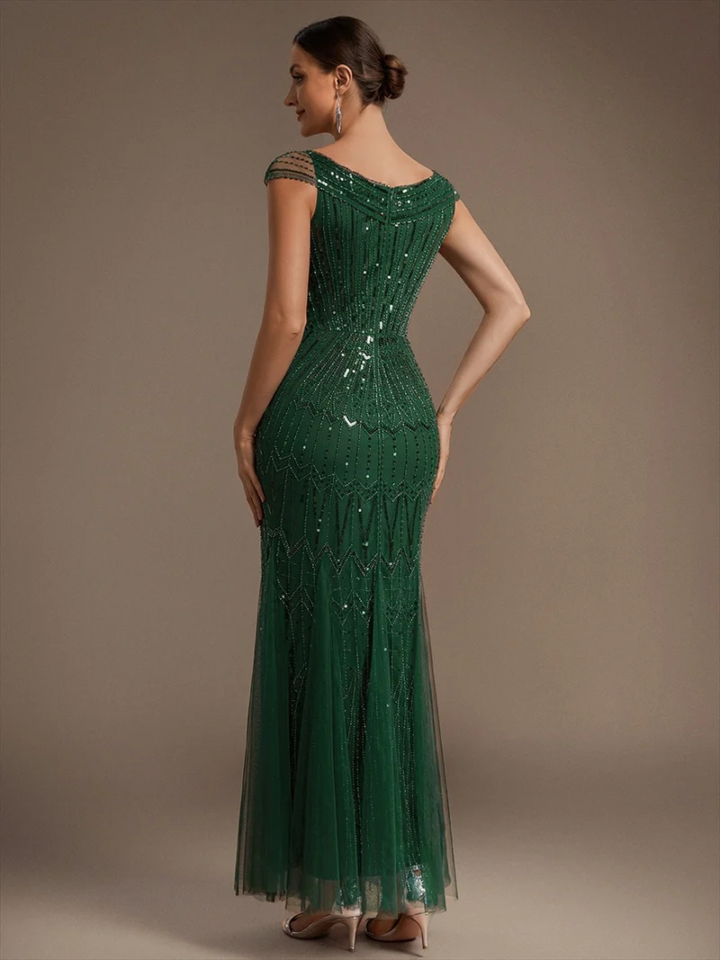 Robe longue sirène élégante à col en V manches courtes et tissu extensible
