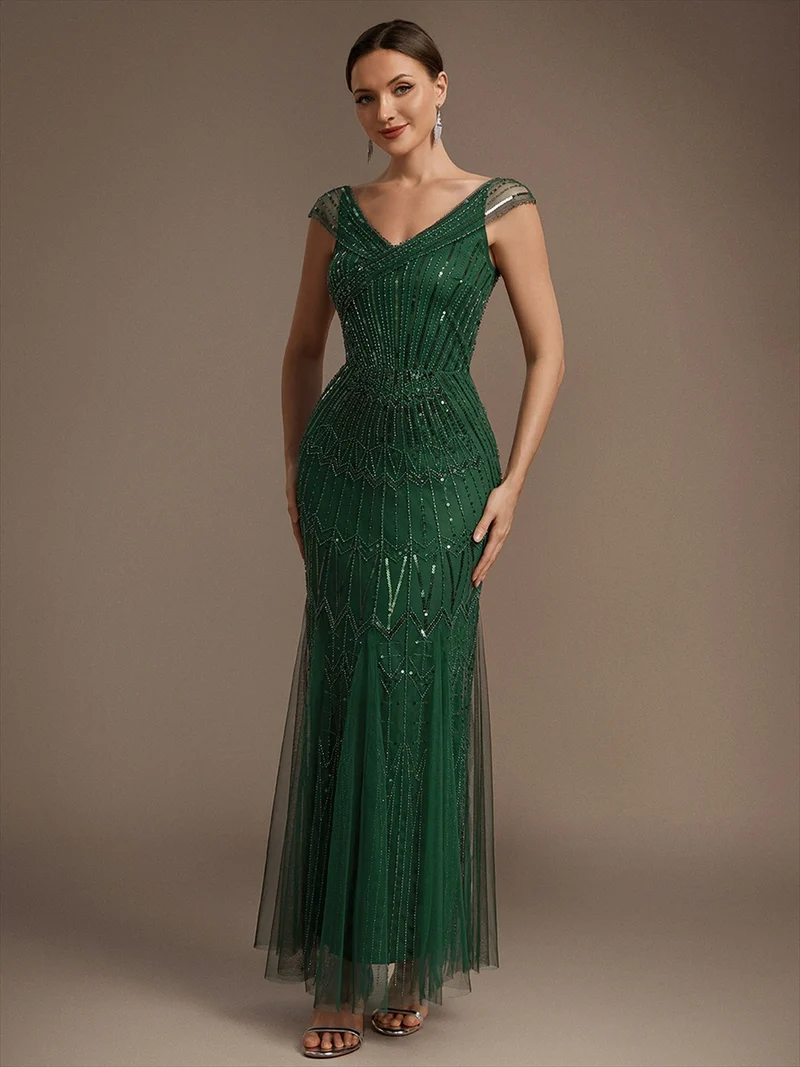 Robe longue sirène élégante à col en V manches courtes et tissu extensible