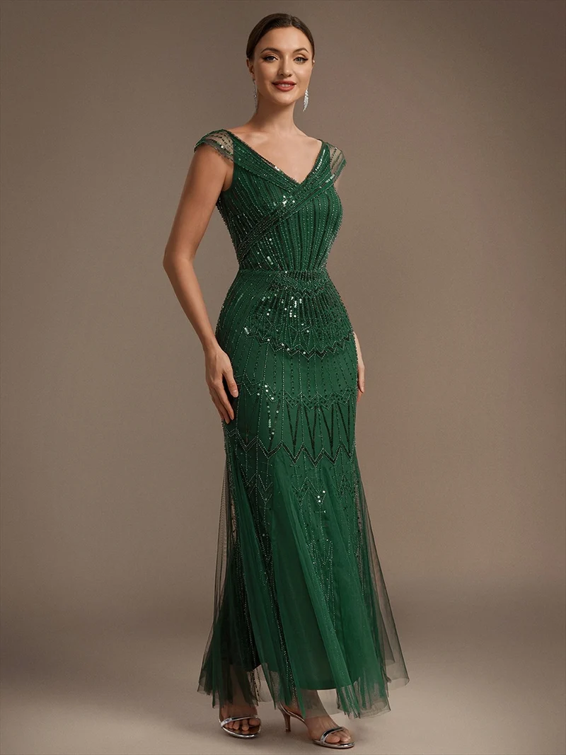 Robe longue sirène élégante à col en V manches courtes et tissu extensible