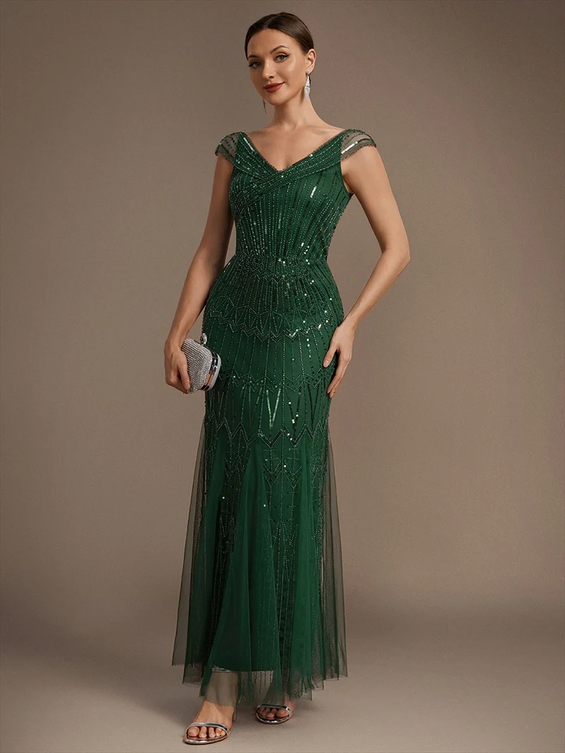 Robe longue sirène élégante à col en V manches courtes et tissu extensible