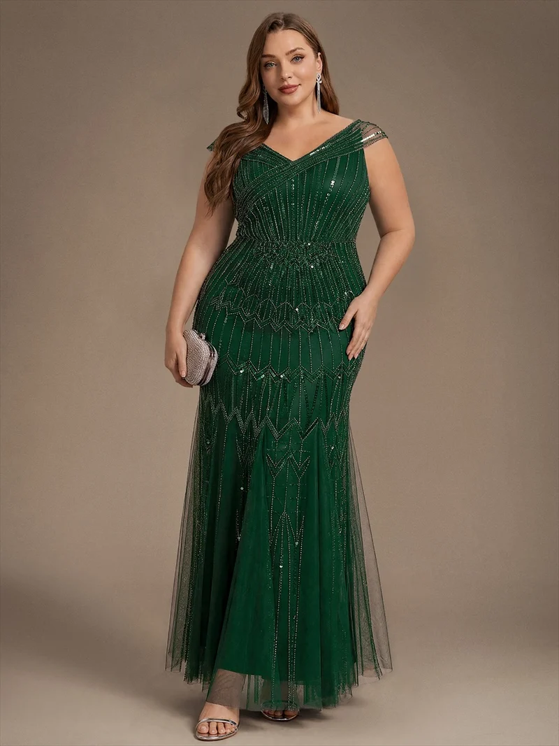 Robe longue sirène élégante à col en V manches courtes et tissu extensible