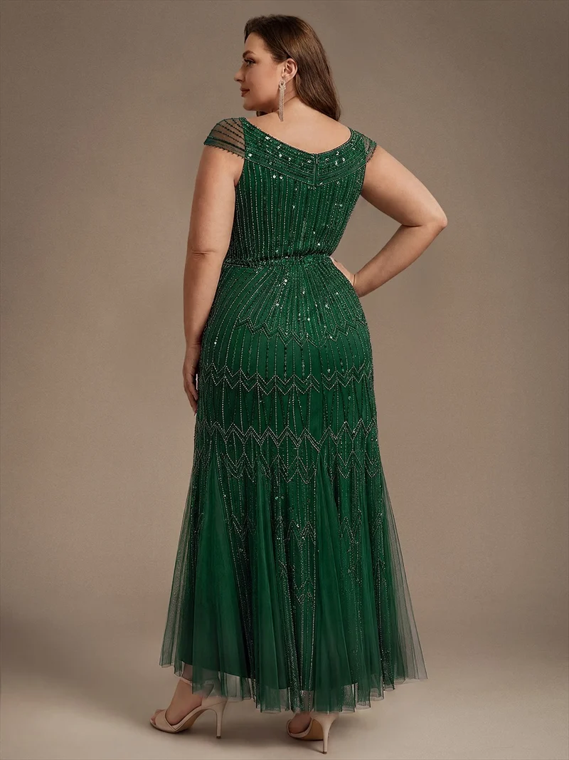 Robe longue sirène élégante à col en V manches courtes et tissu extensible