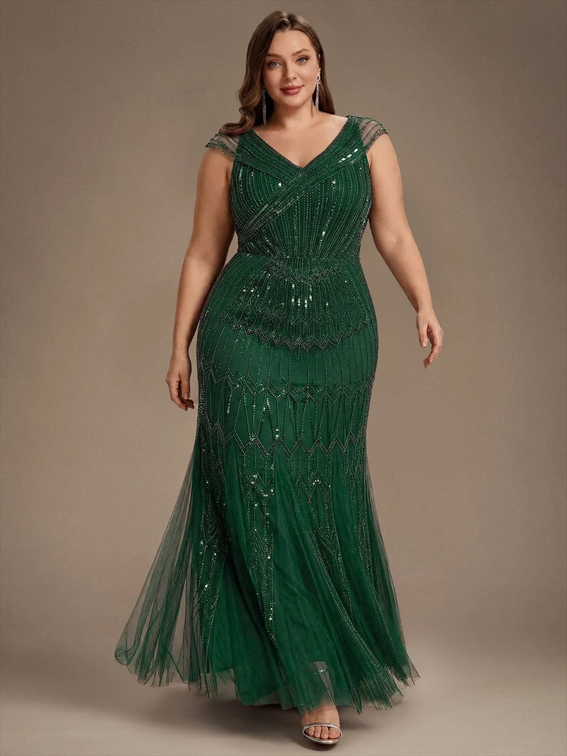 Robe longue sirène élégante à col en V manches courtes et tissu extensible
