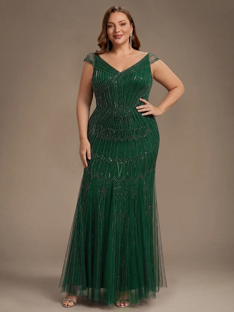 Robe longue sirène élégante à col en V manches courtes et tissu extensible