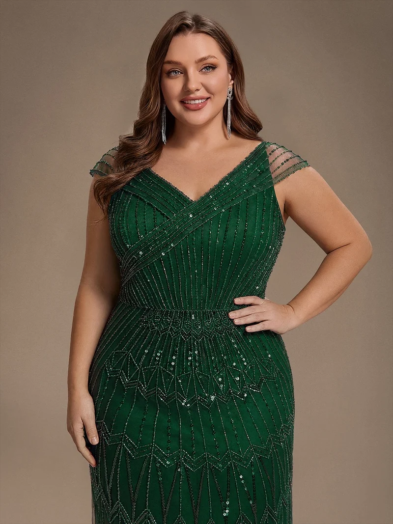 Robe longue sirène élégante à col en V manches courtes et tissu extensible