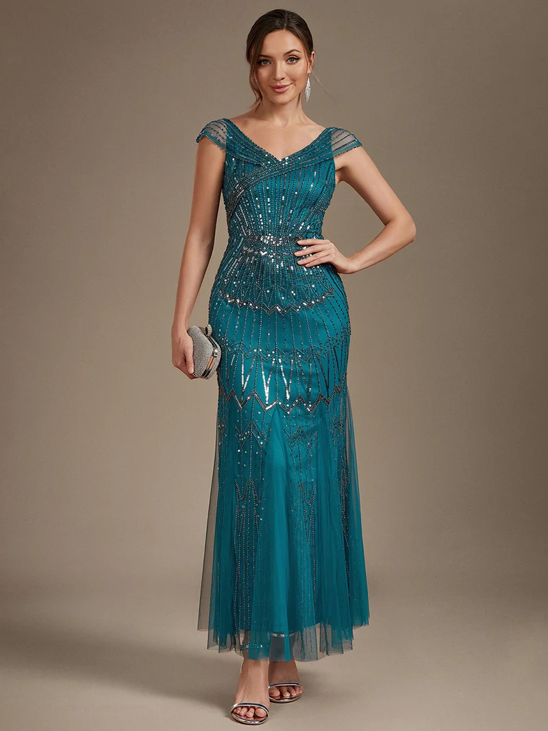 Robe longue sirène élégante à col en V manches courtes et tissu extensible