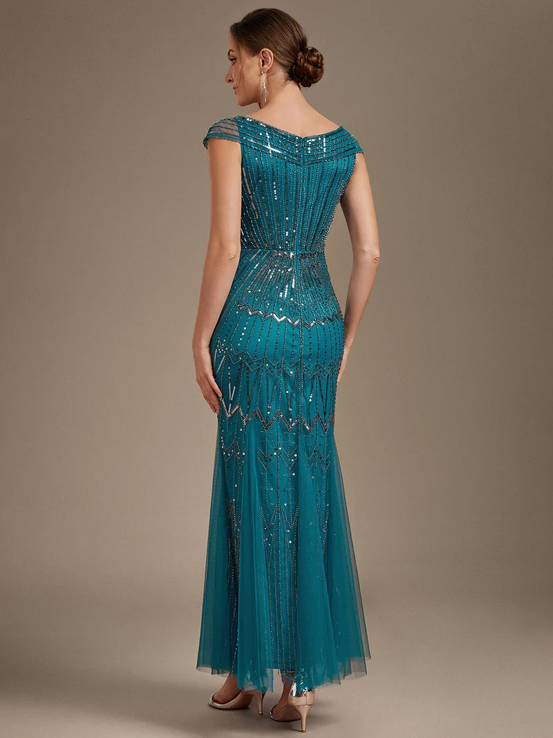 Robe longue sirène élégante à col en V manches courtes et tissu extensible