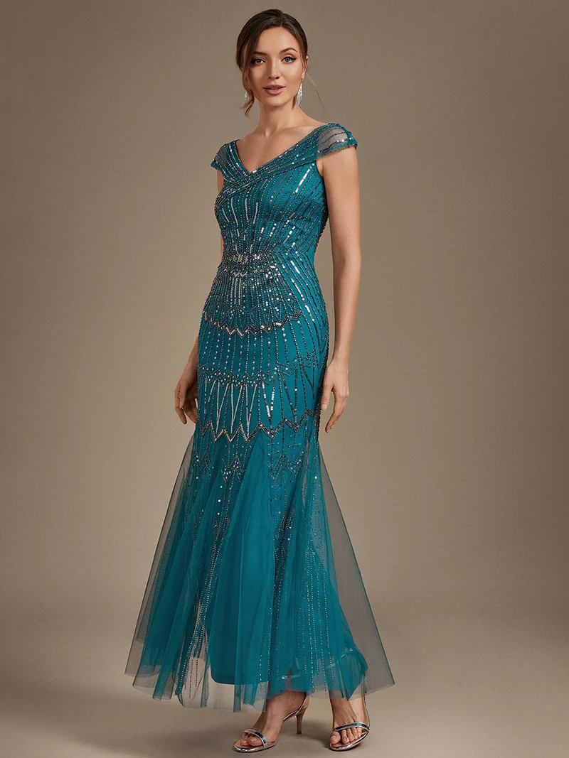 Robe longue sirène élégante à col en V manches courtes et tissu extensible