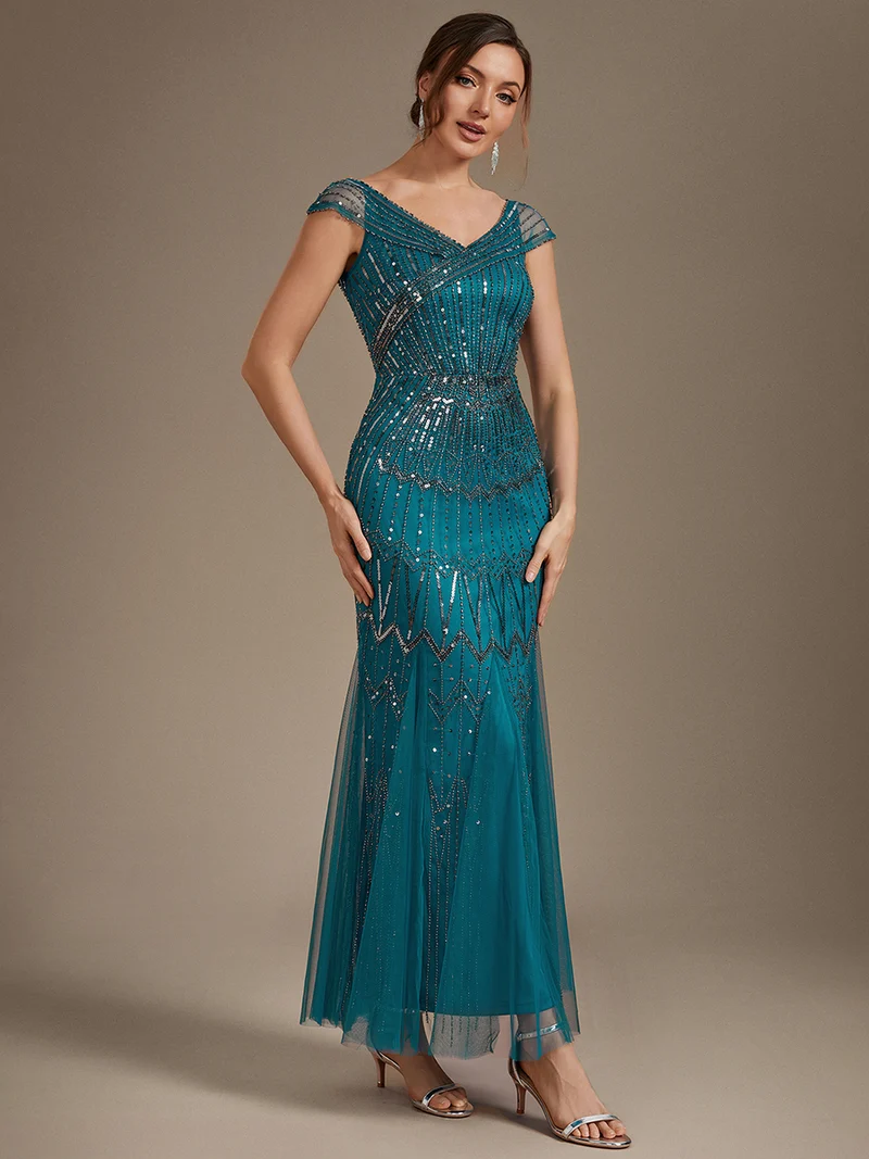 Robe longue sirène élégante à col en V manches courtes et tissu extensible