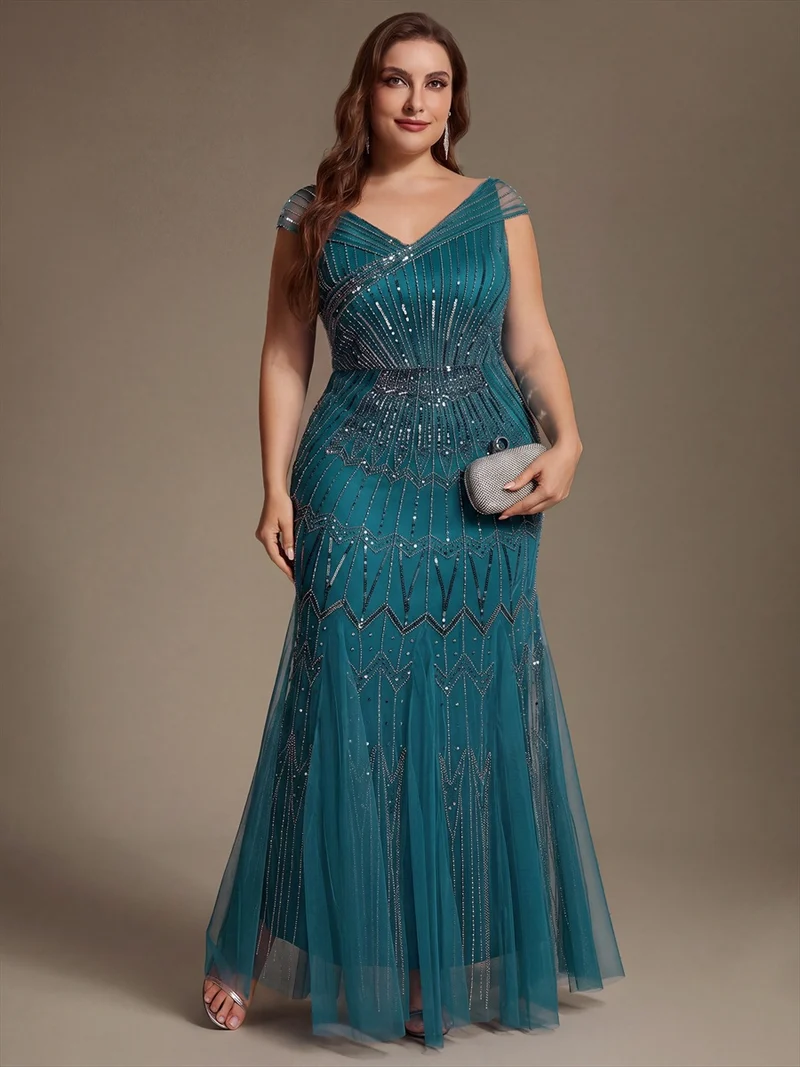 Robe longue sirène élégante à col en V manches courtes et tissu extensible