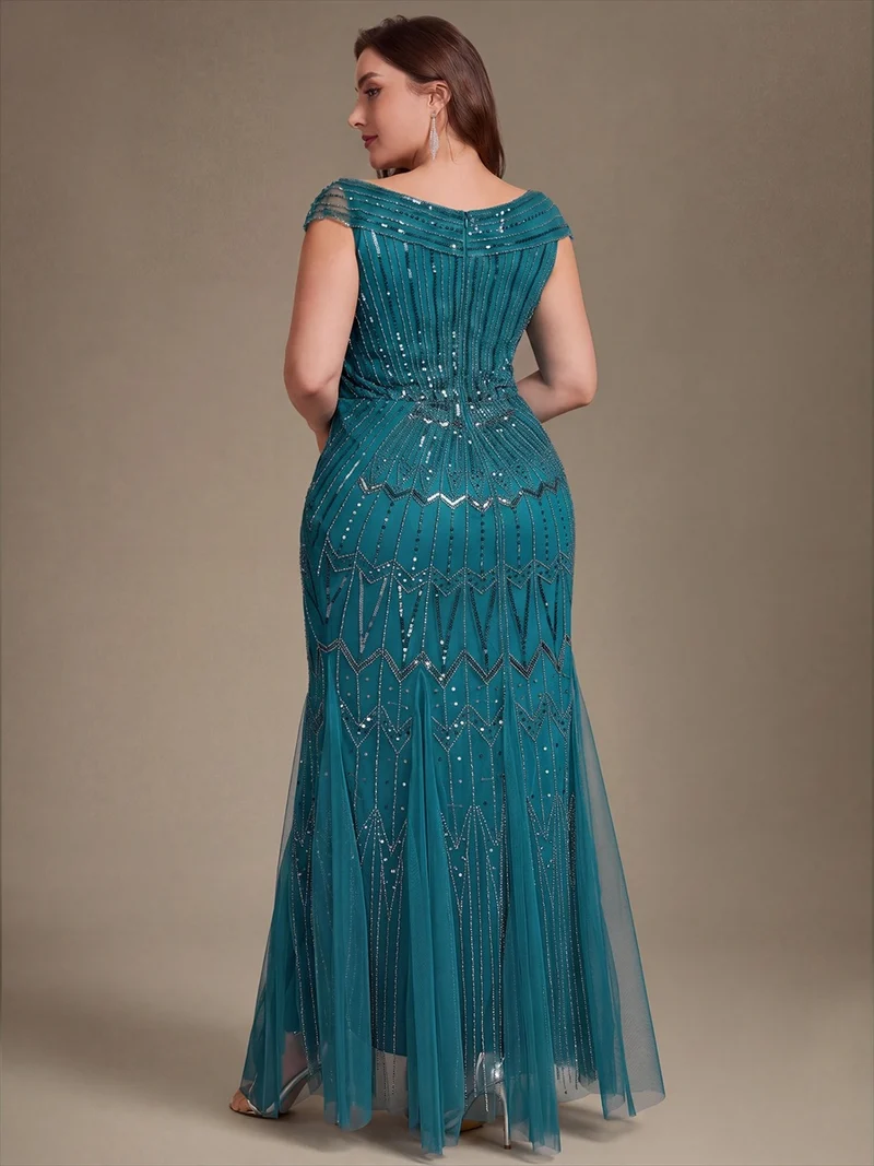 Robe longue sirène élégante à col en V manches courtes et tissu extensible