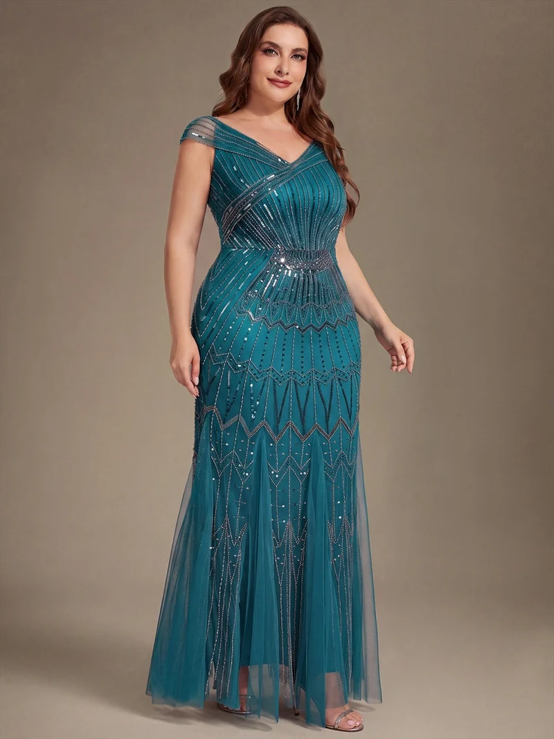 Robe longue sirène élégante à col en V manches courtes et tissu extensible