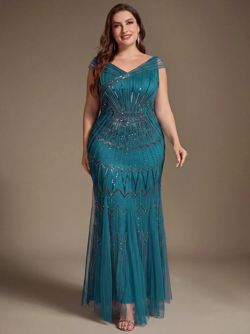 Robe longue sirène élégante à col en V manches courtes et tissu extensible