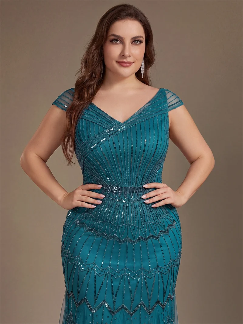 Robe longue sirène élégante à col en V manches courtes et tissu extensible
