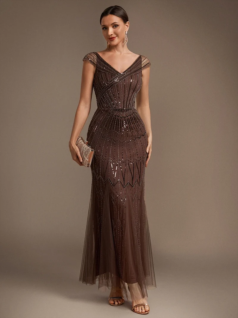 Robe longue sirène élégante à col en V manches courtes et tissu extensible