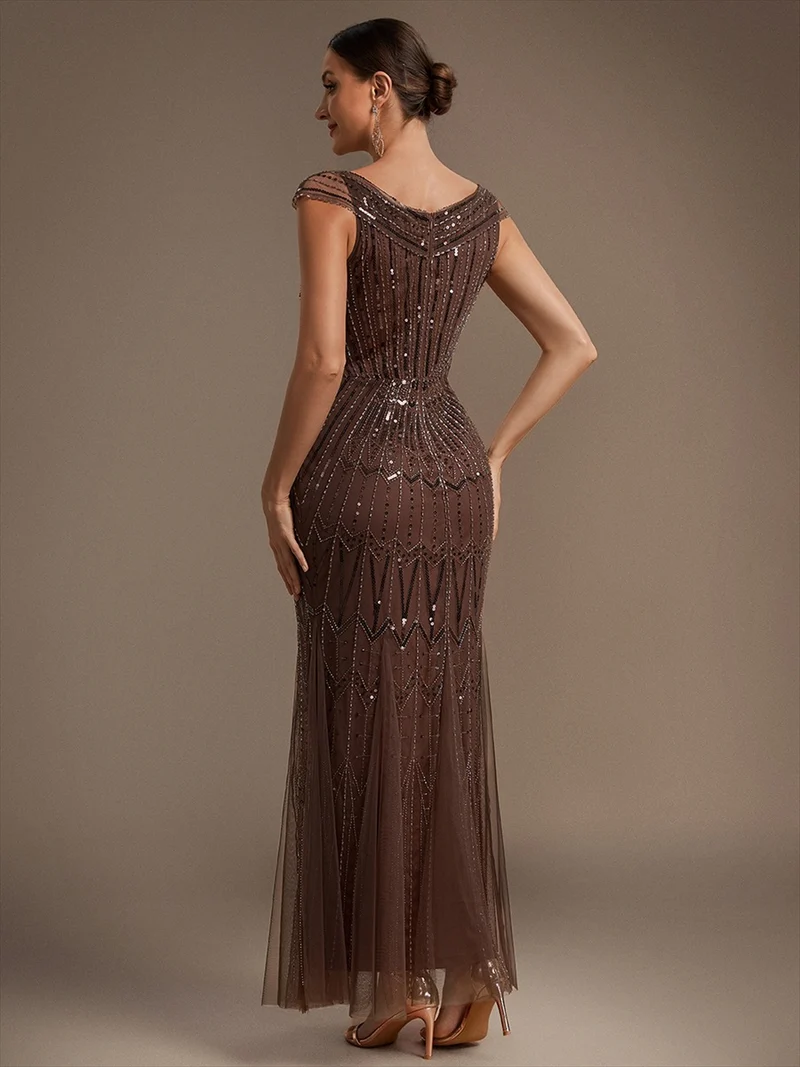 Robe longue sirène élégante à col en V manches courtes et tissu extensible
