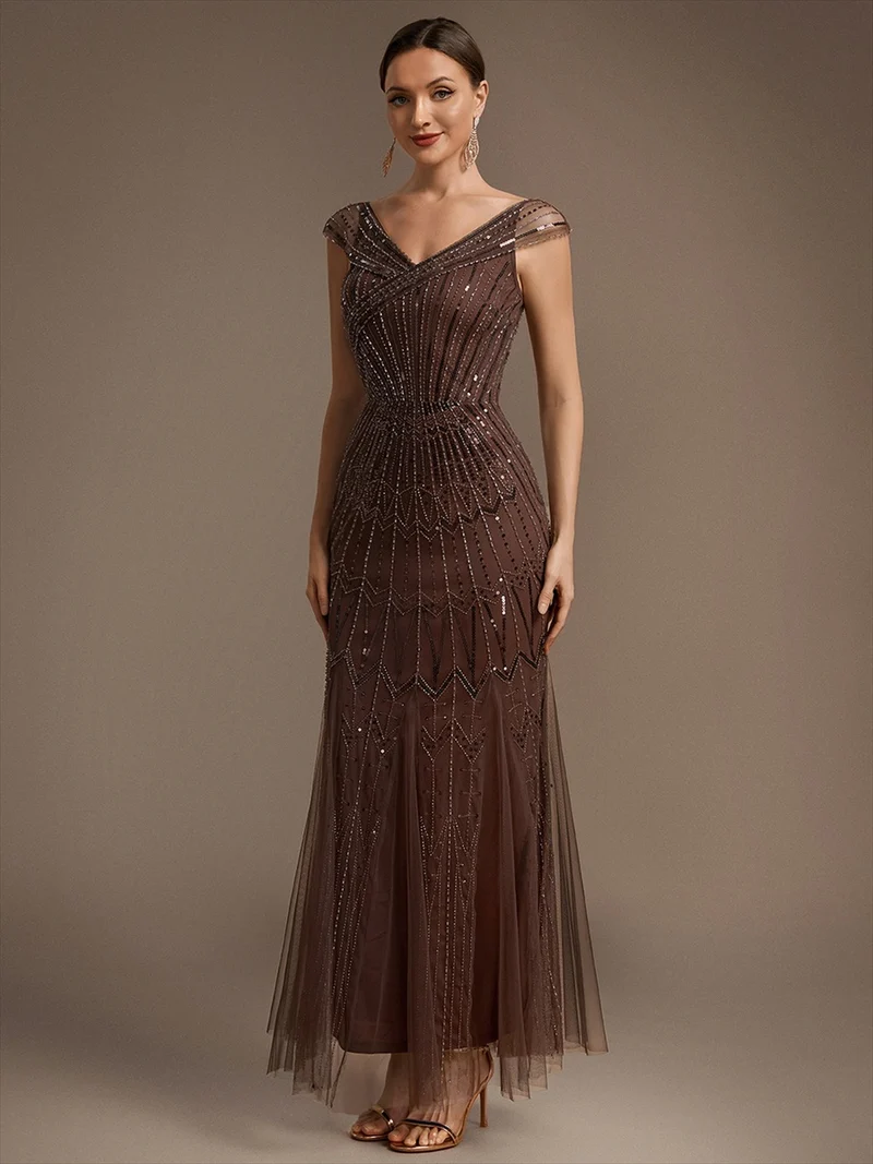 Robe longue sirène élégante à col en V manches courtes et tissu extensible