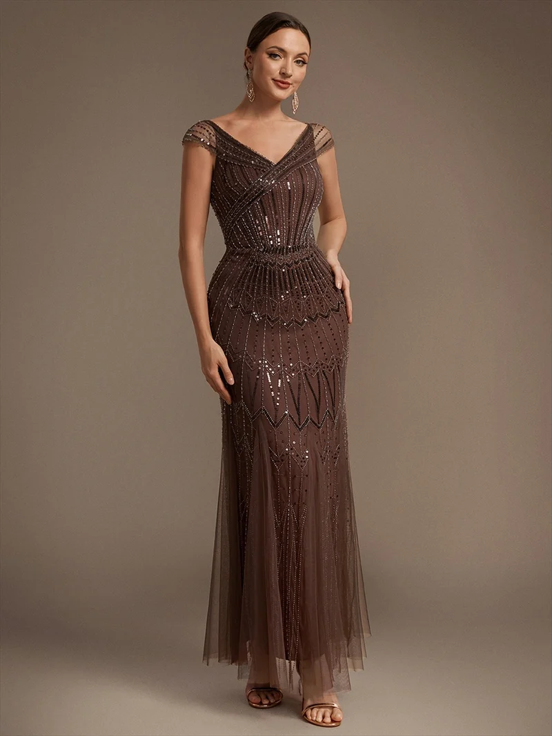 Robe longue sirène élégante à col en V manches courtes et tissu extensible