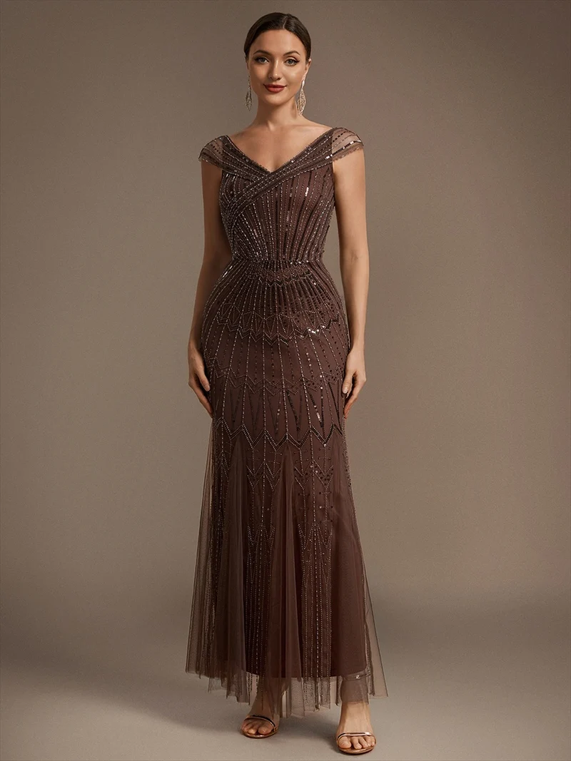 Robe longue sirène élégante à col en V manches courtes et tissu extensible
