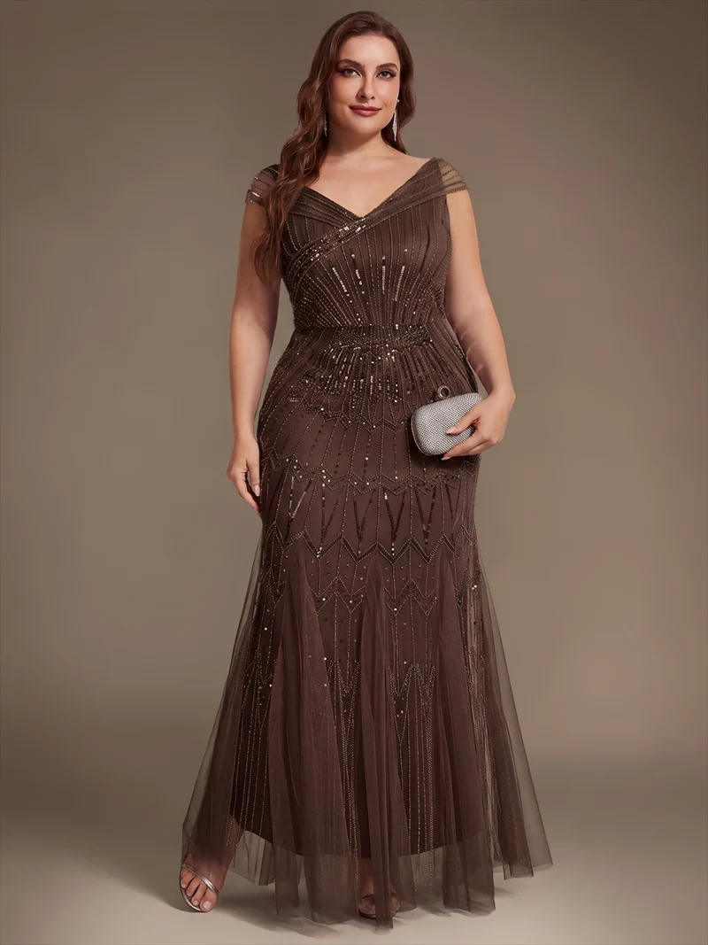 Robe longue sirène élégante à col en V manches courtes et tissu extensible