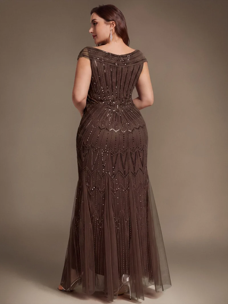 Robe longue sirène élégante à col en V manches courtes et tissu extensible