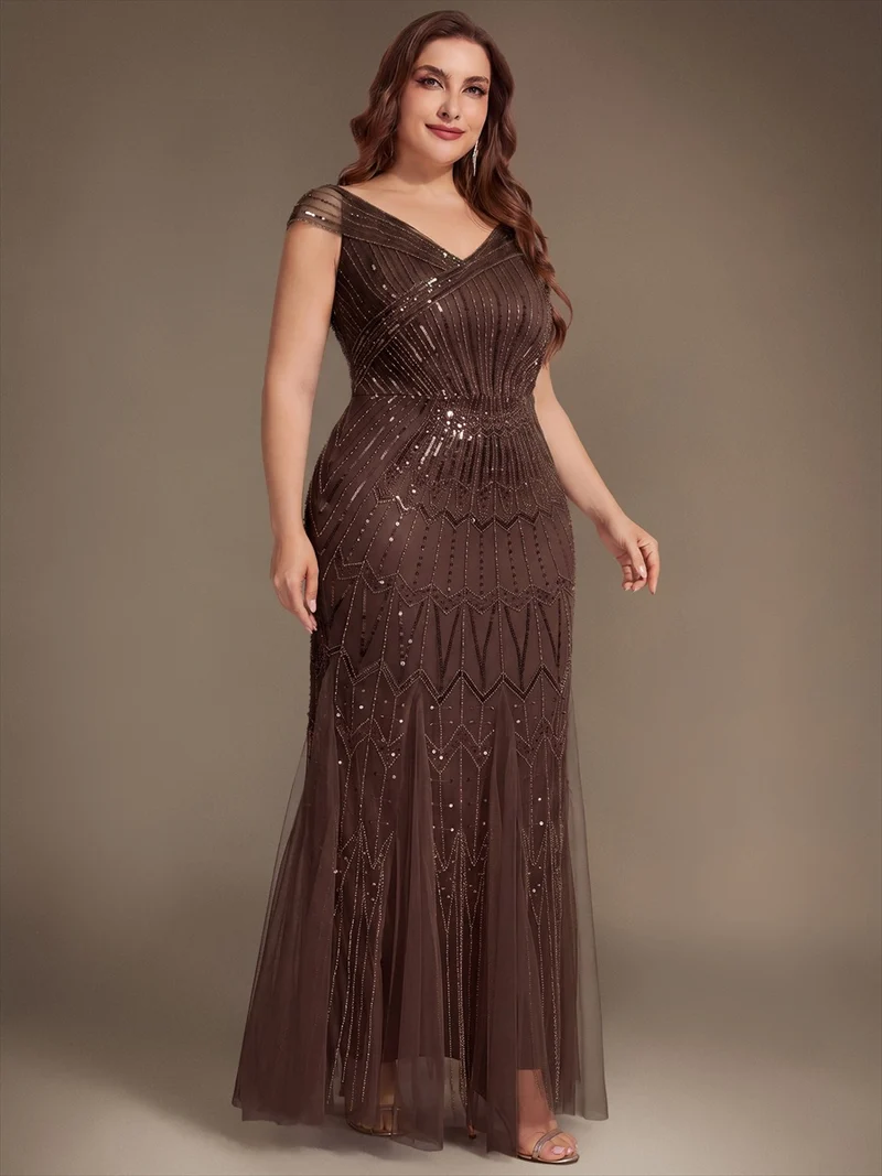 Robe longue sirène élégante à col en V manches courtes et tissu extensible