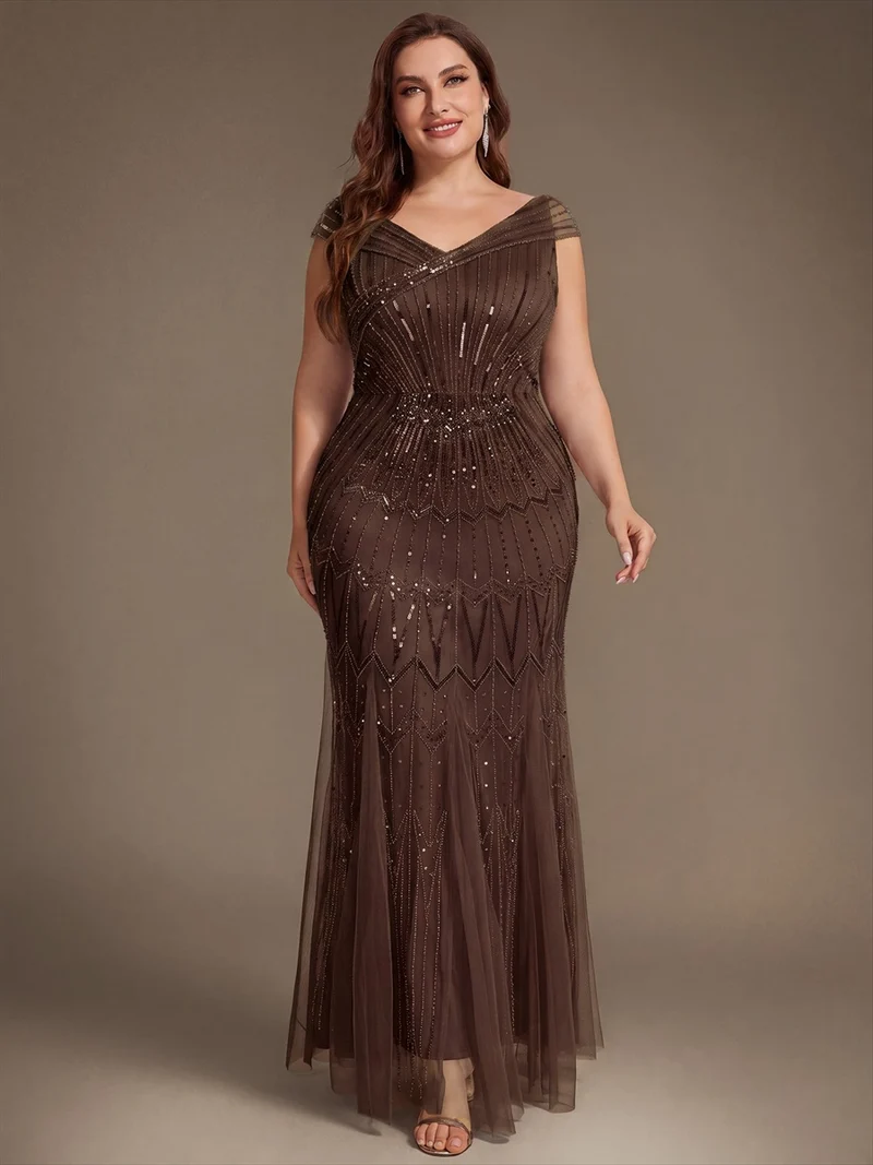 Robe longue sirène élégante à col en V manches courtes et tissu extensible